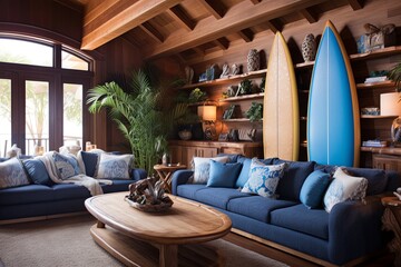 Surfer's Paradise: Nautical Themed Living Room Designs with Surfboard Decor