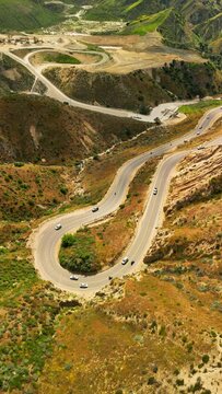 Aerial view of winding mountain road in Grimes Canyon, Fillmore, California, United States.
