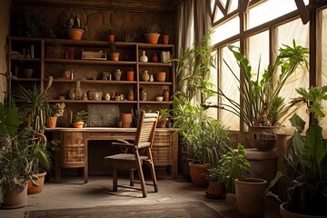 Fototapeta na wymiar Desert Nomad Interior: Plant-Filled Oasis with Earthy Inspirations