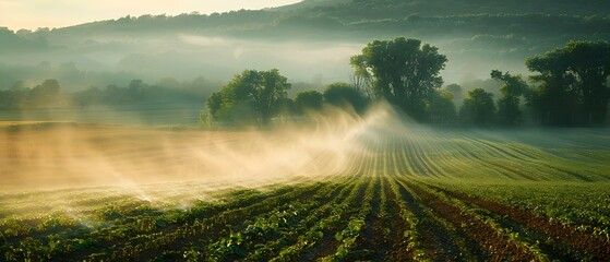 Sustainable Growth: Farmland Flourishes Under Sprinkler's Mist. Concept Agriculture, Sustainability, Environmental Conservation, Irrigation, Farmland - obrazy, fototapety, plakaty