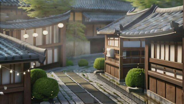 Illustration view of buildings in Japan old town, depicting a traditional house on a side street.