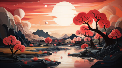 Dreamlike Beautiful Landscape scene Illustration Abstract with big trees beside river water at sunset and mountains background. blurring the line between reality and imagination