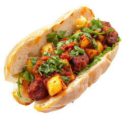 Front view of Pambazo de Chorizo with Mexican chorizo-stuffed sandwich, featuring soft white bread rolls dipped in guajillo chili sauce, isolated on white transparent background