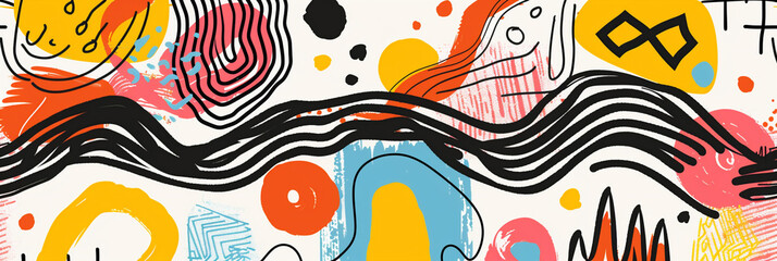 A joyous celebration of color and form! This playful illustration features squiggly abstract shapes and geometric elements in a vibrant doodle style.