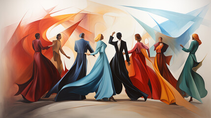 The people (Gentle Men and ladies) Are Dancing in Motion Abstract with Artistic Presentation. Illustration of Dancers Posing in Classic pose. 