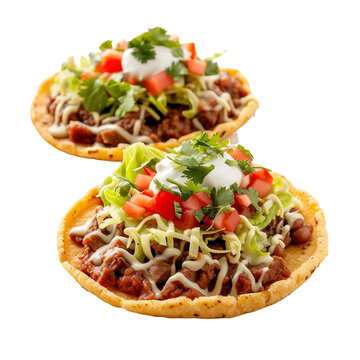 Front view of Sopes with Mexican thick corn tortillas, featuring small discs of masa dough isolated on white transparent background