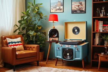 Nostalgic 50s Drive-In Living Room: Groovy Vinyl Record Player and Classic Tunes Setup