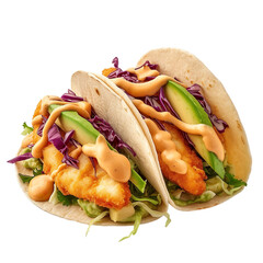 Front view of Tacos de Pescado with Mexican fish tacos, featuring battered and fried fish isolated on white transparent background