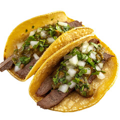 Front view of Tacos de Lengua with Mexican beef tongue tacos, featuring tender beef tongue simmered until tender, sliced thinly, and isolated on white transparent background