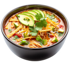 Front view of Sopa de Tortilla with Mexican tortilla soup, featuring chicken broth flavored with tomatoes, onions, garlic, chili peppers, and spices, isolated on white transparent background