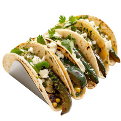 Front view of Tacos de Rajas con Crema with Mexican roasted poblano tacos, featuring strips of roasted poblano peppers cooked with onions, corn, and cream, isolated on white transparent background