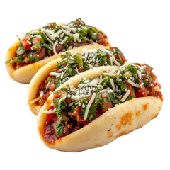 Front view of Tlacoyos with Mexican stuffed masa cakes, featuring oval-shaped masa dough stuffed with beans, cheese, or meat, griddled until crispy, isolated on white transparent background