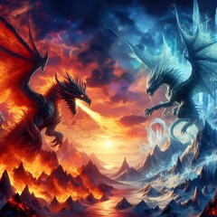 two dragon fire flying in the night sky landscaper