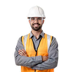 Builder portrait, man with crossed arms and smile, architect or engineer in the construction industry on a transparent background. Happy male contractor, layout and professional builder wearing white 