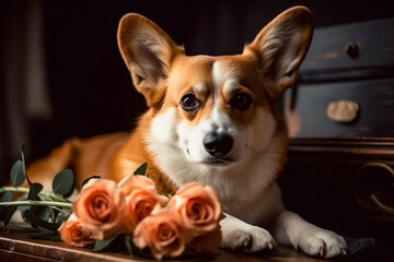 card of smiling corgi dog with flowers