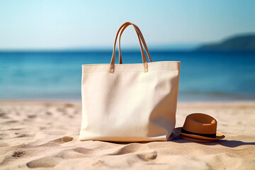 Textile blank eco bag on resort sea beach background