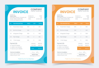Minimal professional corporate colorful business invoice template design, bill form business invoice accounting, stationery design payment agreement design template vector illustration.