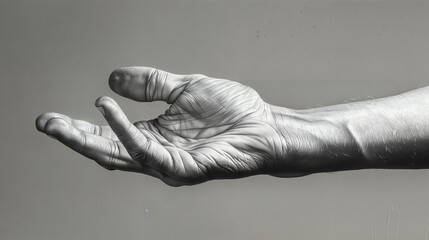 A hyperrealistic 3D-rendered human hand, presented in grayscale, showcases intricate details and lifelike textures