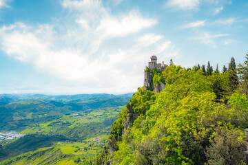 San Marino city view. Fortress on the rock. San Marino landmark. Italy.