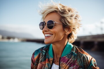 Portrait of a grinning woman in her 50s wearing a trendy bomber jacket isolated in tropical island background