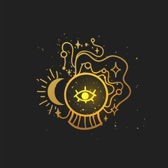 Crystal ball vector illustration, hand drawn celestial boho line art logo, icons and symbol mystic ocult tattoo elements for decoration. - 788108082