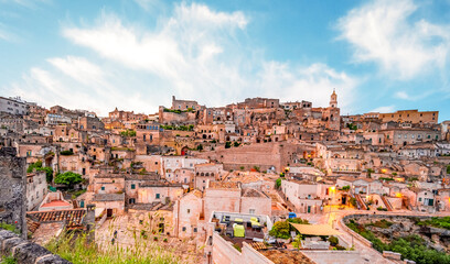 View of the ancient town of Matera, Sassi di Matera in Basilicata, southern Italy - obrazy, fototapety, plakaty