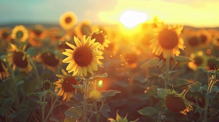 Sunflower field at sunset with space, summer nature background - obrazy, fototapety, plakaty