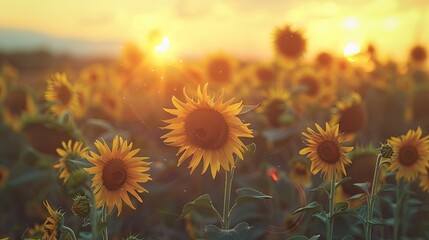 Sunflower field at sunset with space, summer nature background