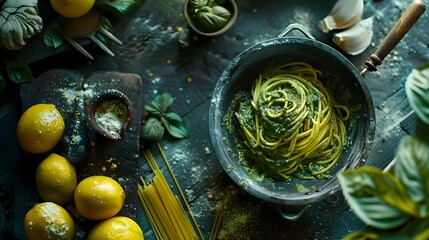 Vibrant Plant Based Spaghetti with Homemade Pesto Showcasing Natural Ingredients and Rustic Elegance