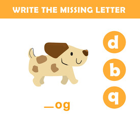 Write the missing letter. Worksheet for kids. Find missing letter worksheet for children.	