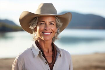 Portrait of a smiling woman in her 50s wearing a rugged cowboy hat over beautiful lagoon background