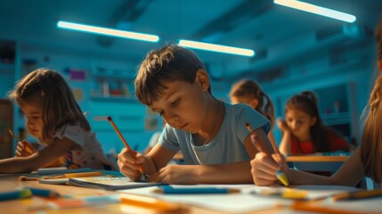 A group of young students focused on their school work in a vibrant, contemporary classroom setting with neon lights - obrazy, fototapety, plakaty