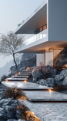 Dramatic and luxurious cliffside villa at twilight with elegantly illuminated pathways and natural surroundings