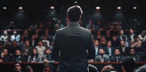 businessman standing in front of the audience, rear view