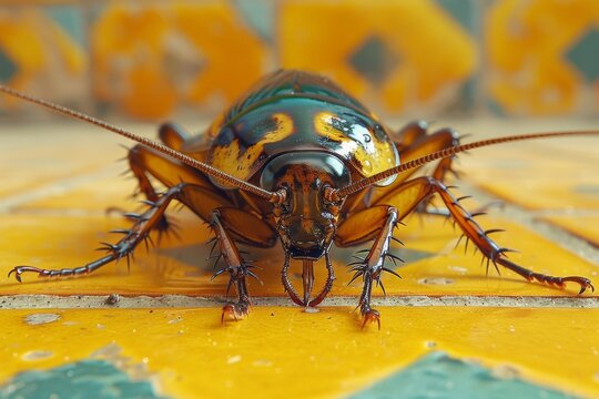 The image captures a close-up view of a cockroach on a yellow painted surface, accentuating its glossy shell