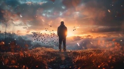 A lone figure stands contemplating as the sunset casts a warm glow and birds fly in the background - obrazy, fototapety, plakaty