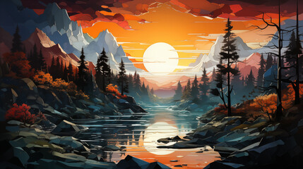 Landscape scene Illustration with trees, mountains, and water river  capturing the essence of nature in a fragmented way with sunset brown colors  - obrazy, fototapety, plakaty