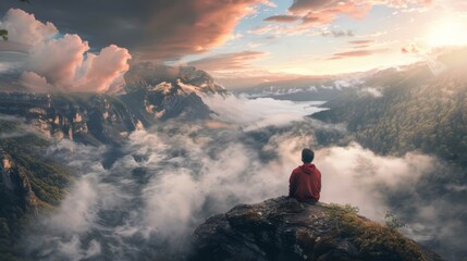 A solitary figure sits on the edge of a cliff draped in lush forests and enveloped by a blanket of mist with sunrise illuminating the sky - obrazy, fototapety, plakaty