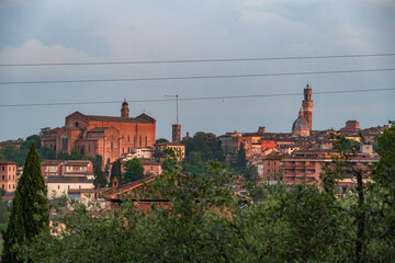 Fototapeta premium Siena, medieval town in Tuscany, with view of the Dome & Bell Tower of Siena Cathedral, Mangia Tower and Basilica of San Domenico, Italy