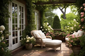 Fototapeta na wymiar Lush Greenery & Floral Elegance: Charming English Garden Patio Design Ideas