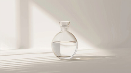 Elegantly shaped transparent minimalist clear glass luxury perfume bottle mockup with smooth and rounded edges forms against a backdrop of soft diffused light