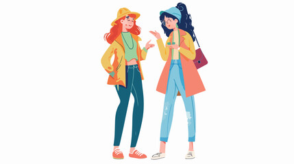 Pair of cute young stylish women standing and talking