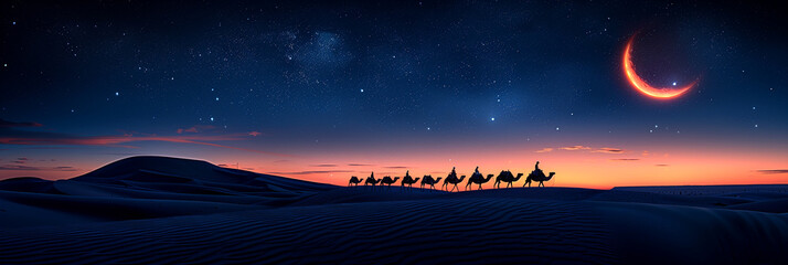  long line of camels with person against giant crescent moon in night sky in the middle of Sahara desert. Islamic New Year and Eid Al-Adha theme 