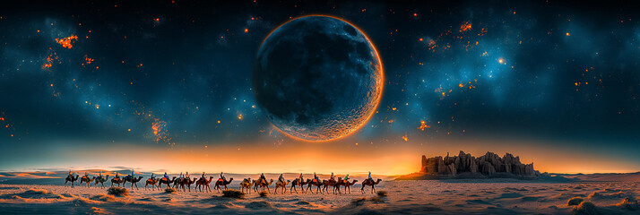  long line of camels with person against giant crescent moon in night sky in the middle of Sahara desert. Islamic New Year and Eid Al-Adha theme 