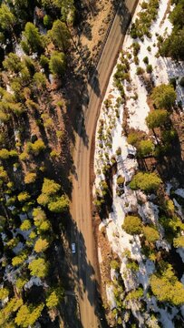 Aerial view of snowy Narbona Pass and Snow Road, Gallup, New Mexico, United States.
