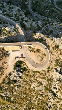 Aerial view of winding Sa Calobra Road and Coll de Reis, Escorca, Balearic Islands, Spain.