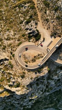 Aerial view of winding Sa Calobra Road, Coll de Reis, Escorca, Balearic Islands, Spain.
