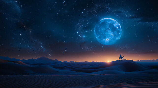 Islamic New Year and Eid Al-Adha theme with silhouette of person on camel against giant blue full moon at clear night in Sahara desert