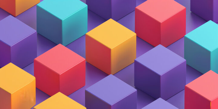 Abstract graphic, cubes and wallpaper with blockchain and creative color render. 3d digital block, geometric Illustration and pastel grid for modern geometry, mosaic and form for data innovation