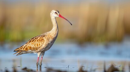 A long-legged bird wading in the mud of an open marshland, its head gracefully curved as it peeks for food. - obrazy, fototapety, plakaty
